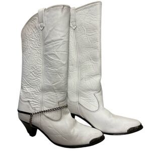 Rodeo Drive White Leather Western Chain Heeled Boots Size 8M